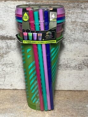 Set 4 Pack Tal Color Changing Reusable STRIPES Tumblers, Straws & Lids 24oz New